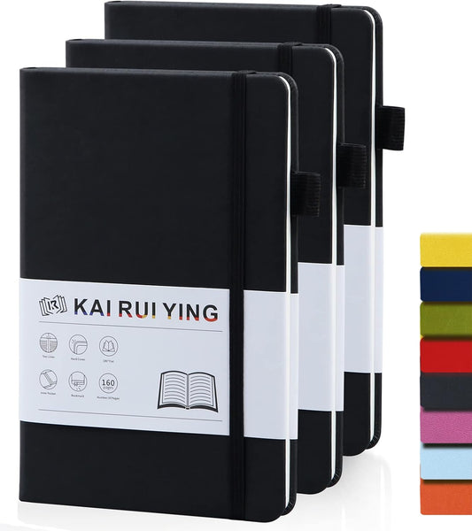 KaiRuiYing Lined Journal Notebooks, 3 Pack, 160Pages, Medium 5.5 x 8.6 inch, College Ruled, A5-100 GSM Thick PaperHardcover Notebooks, Journaling Notebooks for Work, Writing, School (Black)