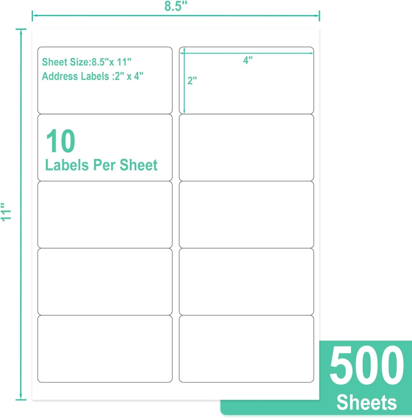 L LIKED 2" x 4" Label Stickers, Printable White 500 Sheets for Laser/Inkjet Printing - Matte White, 10 per Sheets (5000 PCS Labels)