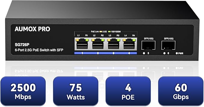 6 Port 2.5G PoE Switch, AUMOX PRO 4 Port 2.5G Network Unmanaged Switch by AUMOXPRO