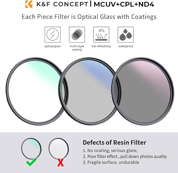 K&F Concept 72mm UV/CPL/ND Lens Filter Kit-18 Multi-Layer Coatings, UV Filter + - Image 2