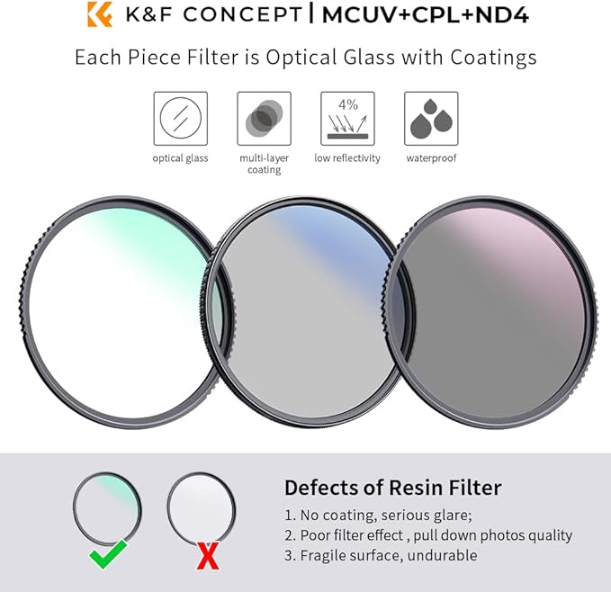 K&F Concept 52mm UV/CPL/ND Lens Filter Kit-18 Multi-Layer Coatings, UV Filter + - Image 2