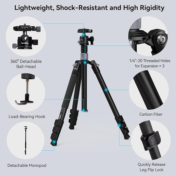 SmallRig AP-20 Carbon Fiber Tripod, 62.2" Camera Tripod Monopod - Image 7