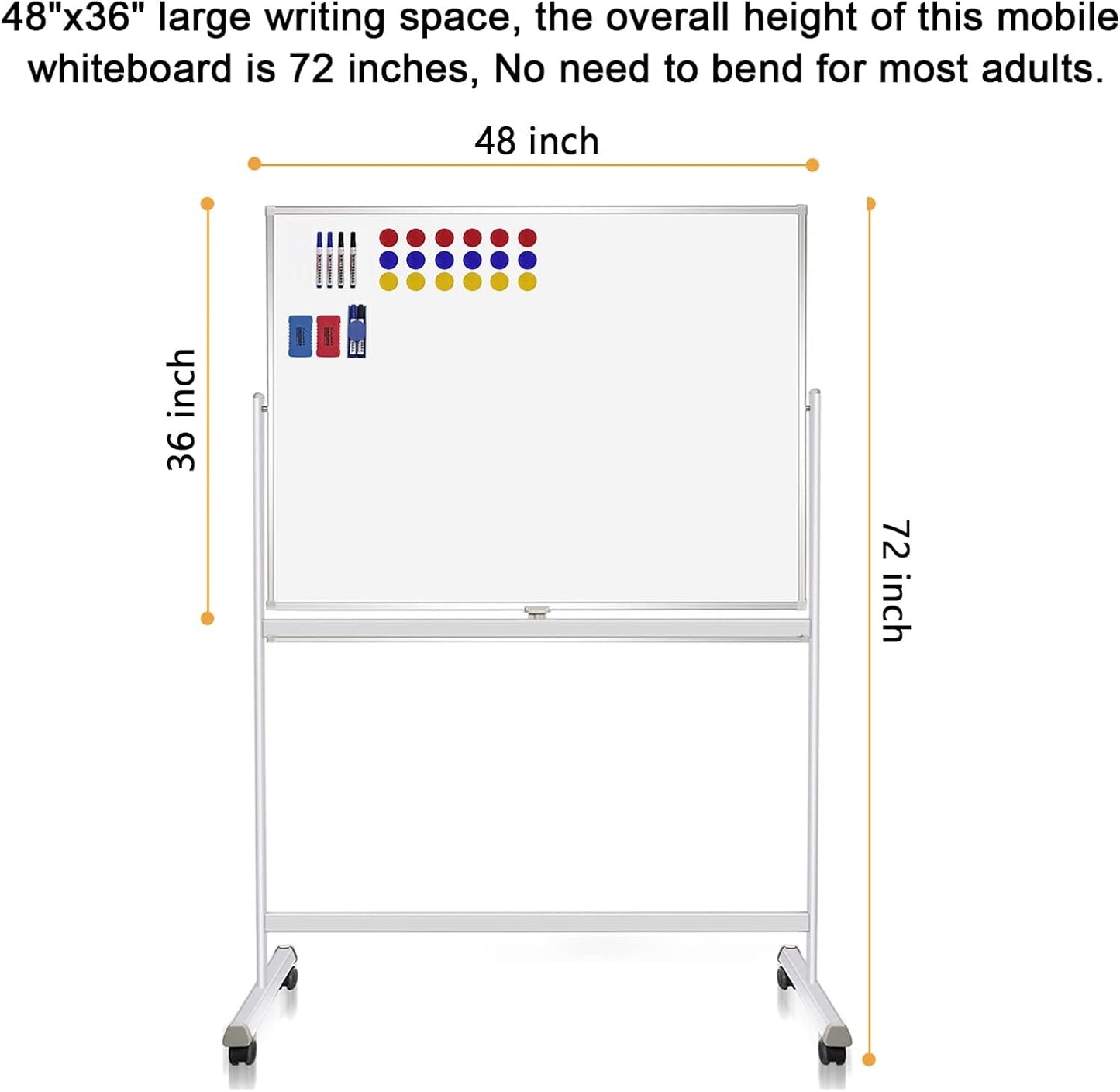 H-Qprobd Rolling Whiteboard with Stand 48"x36" Double-Sided Mobile Magnetic Dry Erase Board on Wheels for Home, Office & School