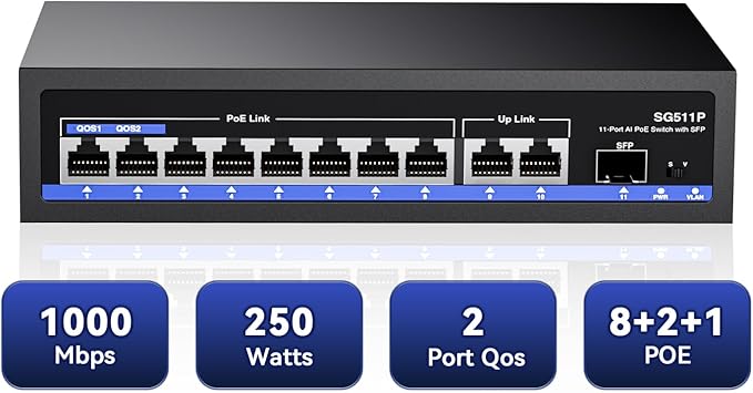 11-Port PoE Gigabit Switch, 8 PoE+ Port, 2 Gigabit Uplink, 1 SFP Port, 120W AI - Image 2