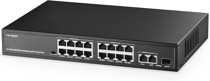 POE Switch 19 Port, 16 POE+ 100Mbps, 2 Gigabit Uplink, 1 SFP, IEEE802.3af/at by Binardat