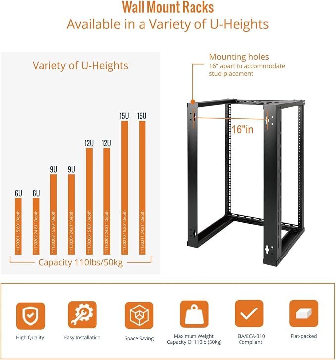 Tecmojo 15U Wall Mount Rack, Wall Mount Network Rack 15.8in Depth, Open Frame - Image 5
