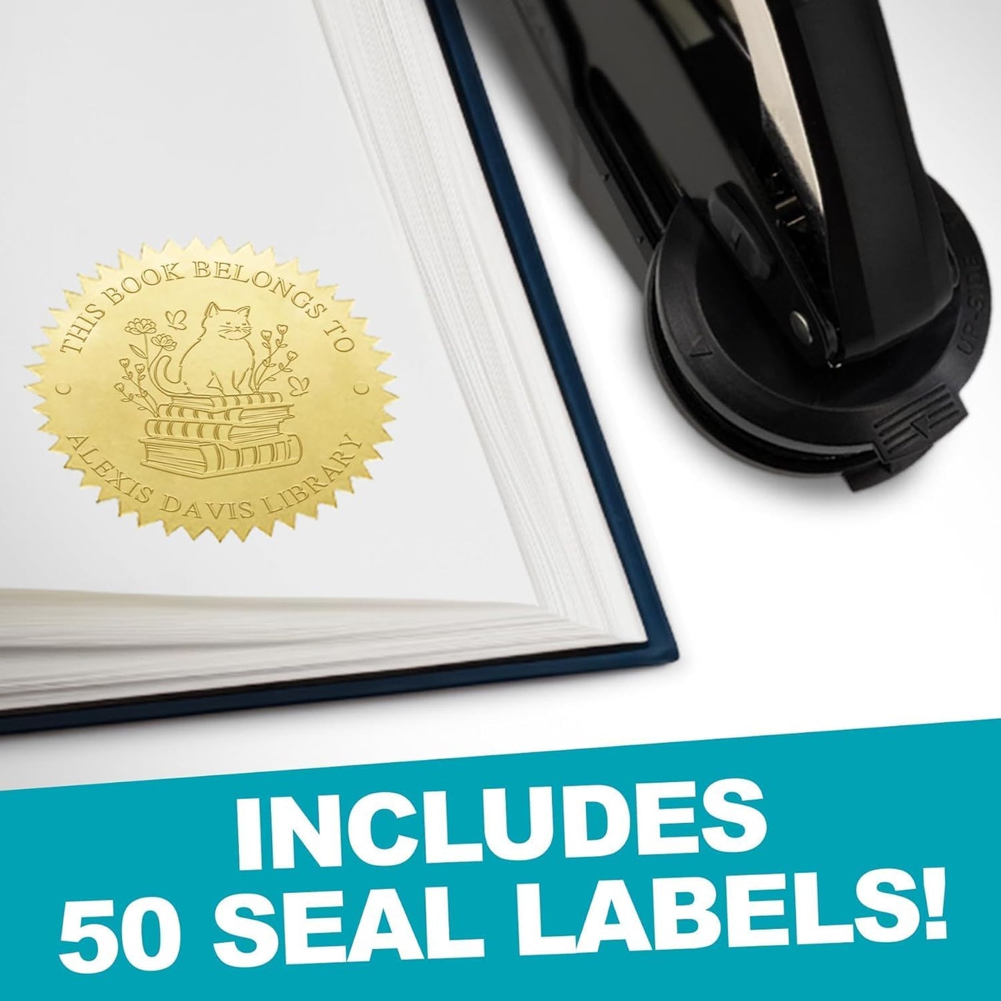 Custom Library Embosser - Style 112 - Embosser, Wood Stamp or Self Inking Stamp - Book Embosser Includes 50 Gold Seals - Custom Stamp Seal from The Library of