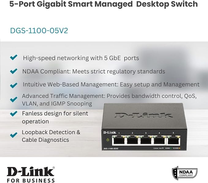 D-Link 5-Port Gigabit Smart Managed Ethernet Switch, IGMP Snooping, Web UI - Image 2