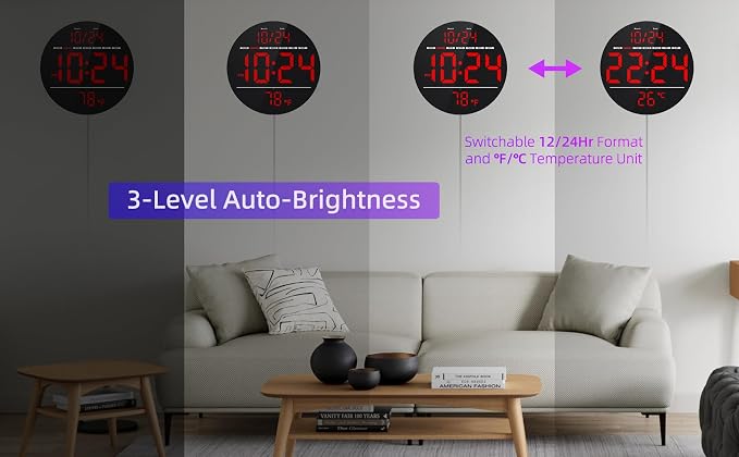 Digital Wall Clock with Large LED Display, Temperature, Auto-Brightness | Small - Image 5