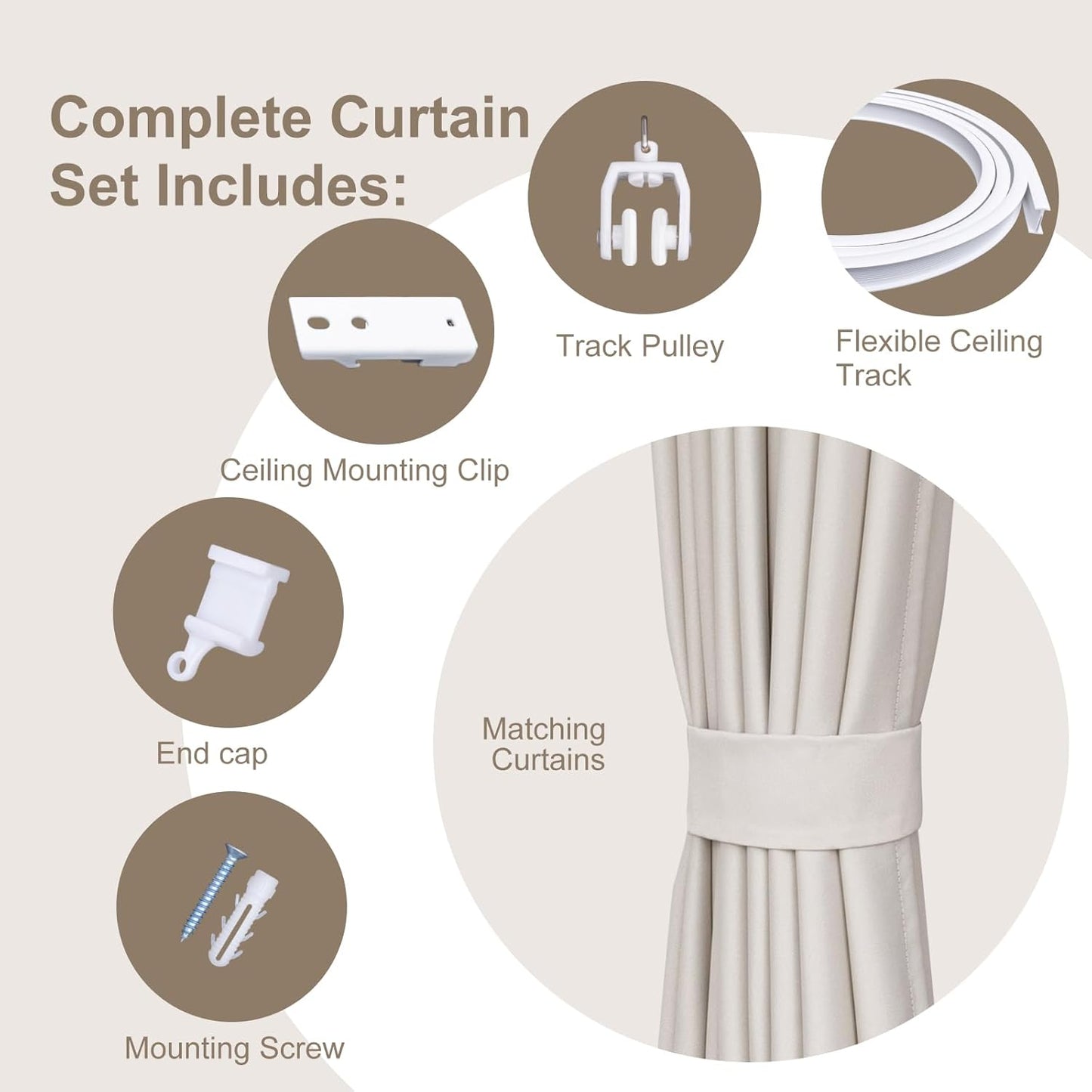 Room Divider Curtains & Flexible Bendable Tracks Set,Privacy Dividers Ceiling Track Curtain Window Blackout Curtains for Living Room Bedroom (W150 × H96 in 1 Panel Beige Drape & White Rail)