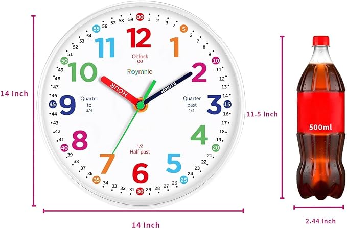 Roymnie14 Inch Wall Clock for Kids Learning to Tell Time Large Analog Silent - Image 2