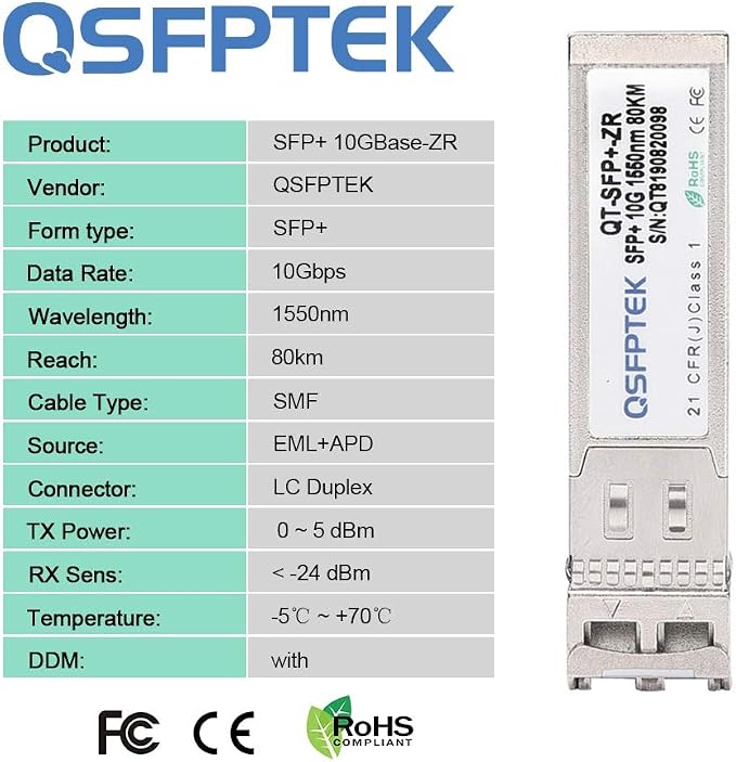 QSFPTEK 10G SFP+ Module, 10GBASE-ZR LC Single-Mode Fiber SMF 1550nm, 10Gb - Image 4