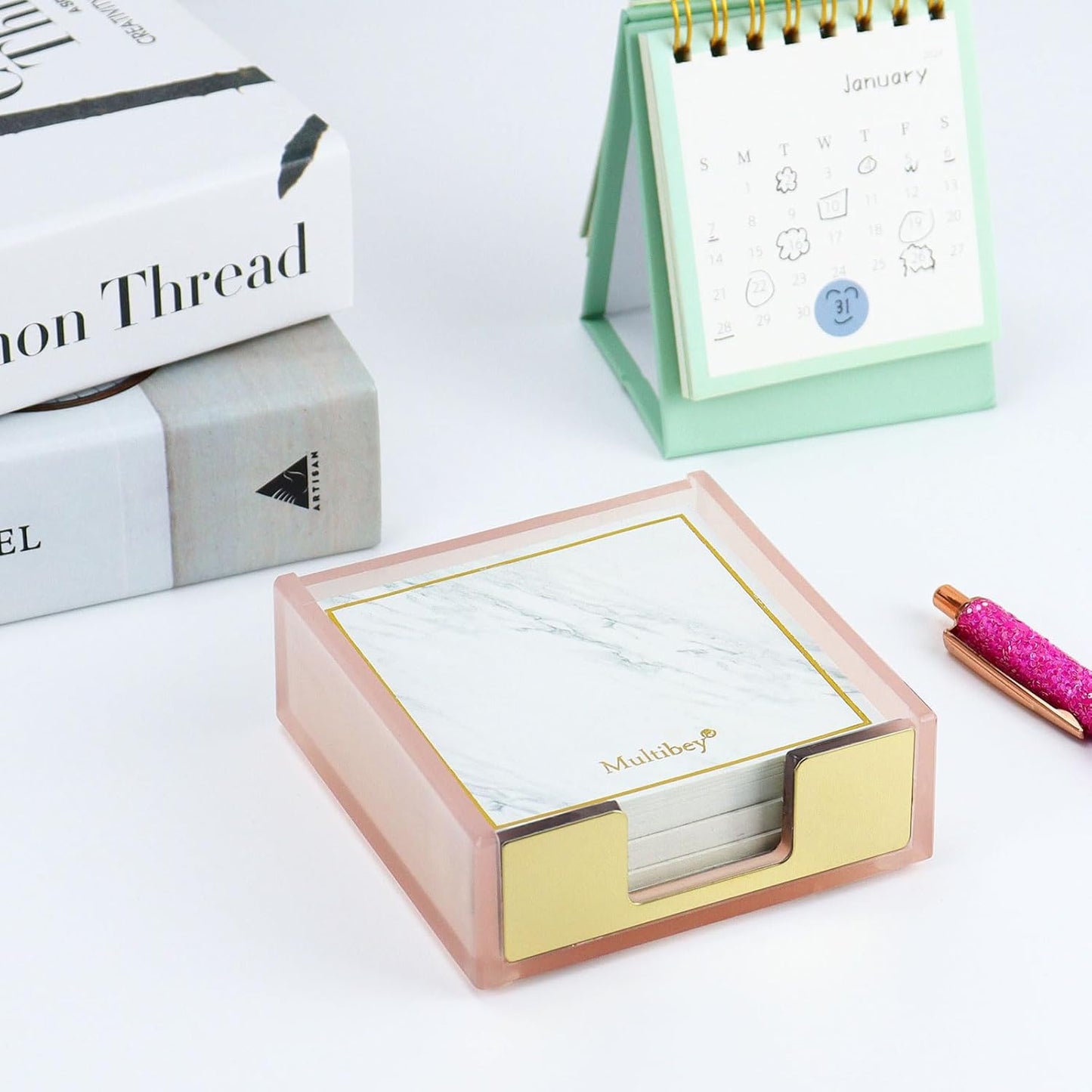 MultiBey Sticky Notes Memo Pad Holder Dispenser Rose Gold with Pink Desk Supplies Organizer Accessories for Office Home Schools (Pink)