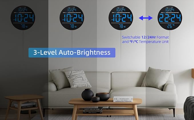 Digital Wall Clock with Large LED Display, Temperature, Auto-Brightness | Small - Image 5