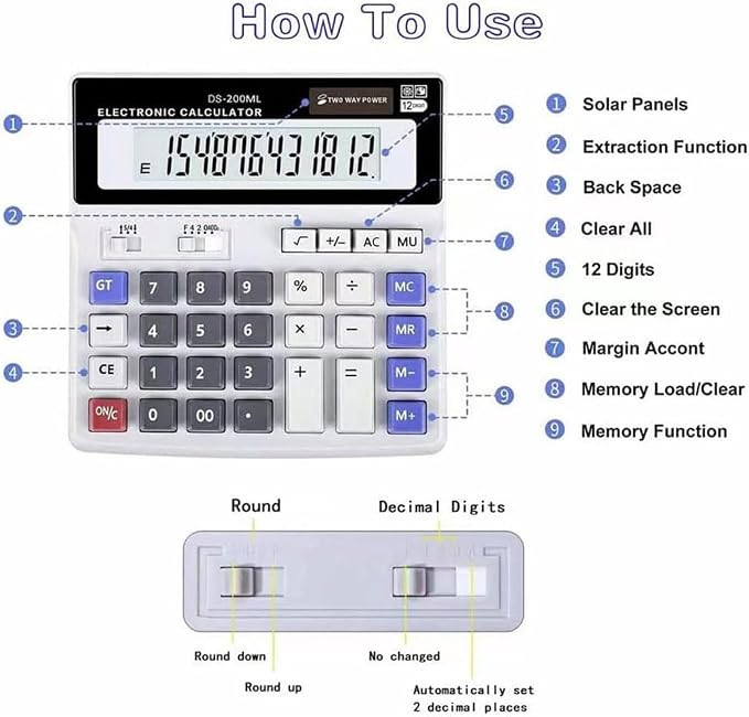 Desk Calculator Large 12 Digit Display, Dual Power Basic Calculator Desktop - Image 5
