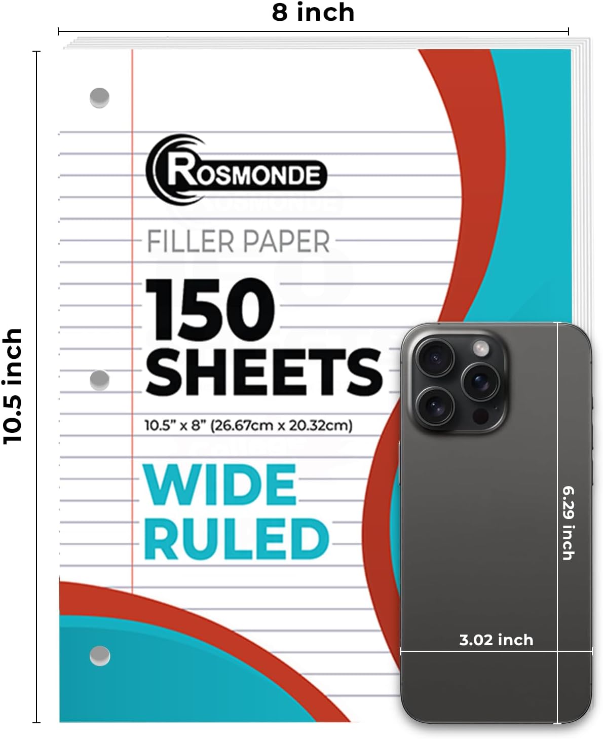 Loose Leaf Paper, 450 Sheets, 3 Pack, 56 gsm Wide Ruled Sheets, 8" x 10.5", Bulk Notebook Paper, 3 Hole Punched, 150 Sheets/Pack, Wide Ruled Paper for Binders, Loose Leaf Office Paper, White