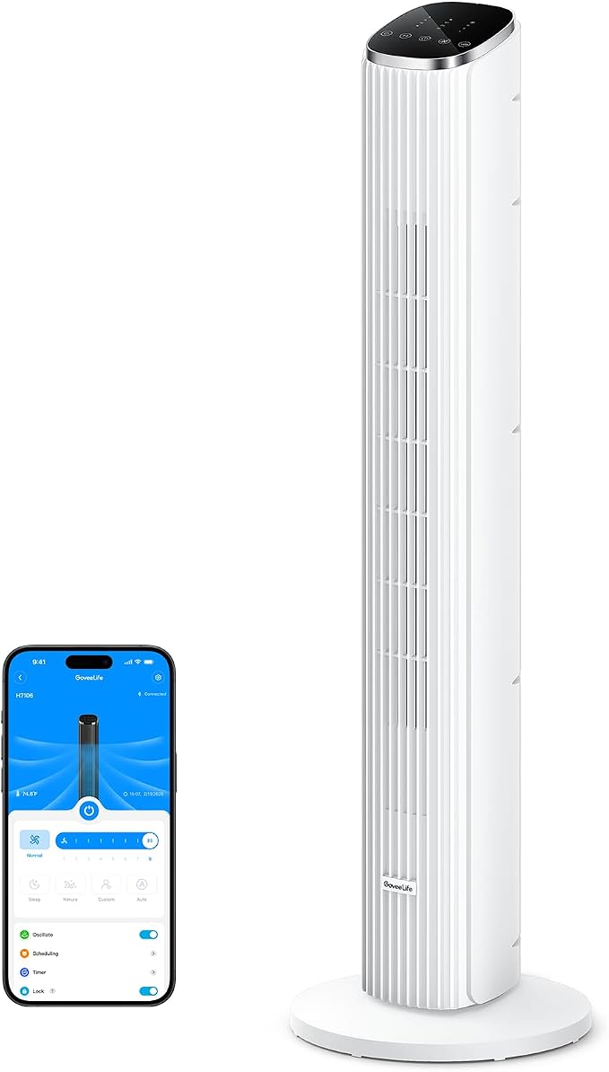 GoveeLife White Tower Fan for Bedroom, Temperature Sensor, 5 Modes 8 Speeds by GoveeLife