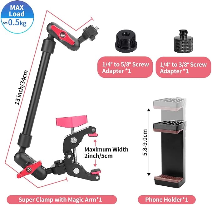 13"/34cm Magic Arm w Clamp, Camera Mount & Clamp w 1/4" 3/8" Threads and - Image 7
