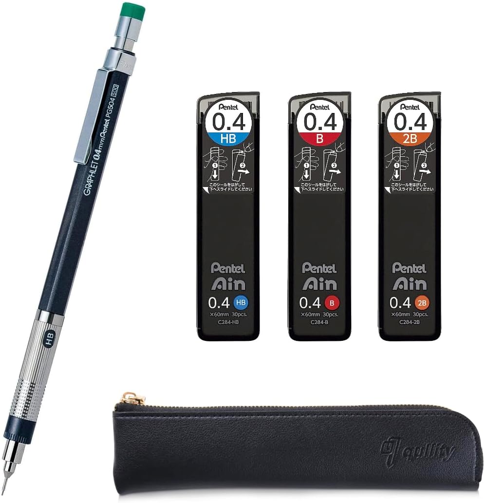 Graphlet Mechanical Drafting Pencil + Ain HB/B/2B leads, original Black slim pen case (0.4mm)