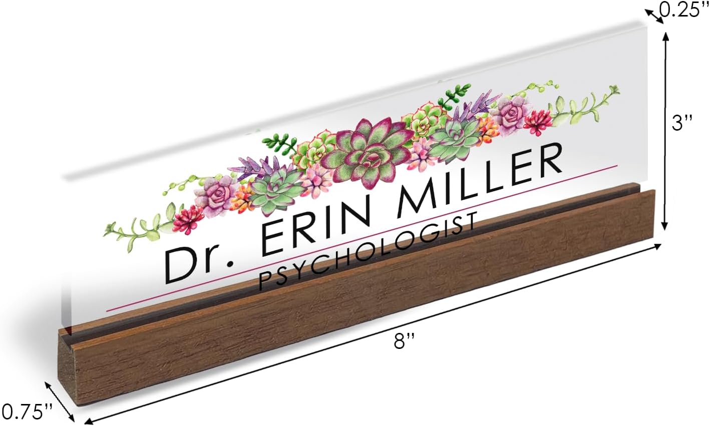 Artblox Office Personalized Name Plate for Desk with Business Card Holder On Clear Acrylic Glass Succulents Flowers Design Custom Desk Name Plate with Your Name and Credentials Customized Gift