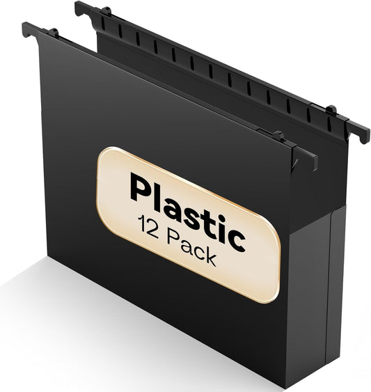 Plastic Extra Capacity Hanging File Folder Letter Size, 12 Pack Reinforced Hang Folders,Heavy Duty 2 Inch Expansion,Expandable Hanging Folders,Hanging Organizer Designed for Bulky Files (Black)