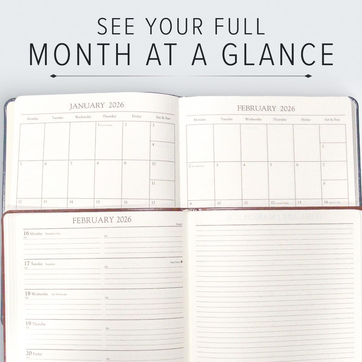 Gallery Leather Academic Planner 2025-2026, Teacher and Student Weekly Monthly Planner, Elegantly Bound Calendar with Gold-Gilded Page Edges, 18 Months - Acadia Hydrangea - 9x7"