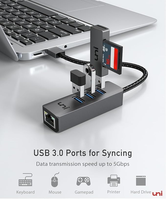 uni USB to Ethernet Adapter, USB 3.0 Hub - Image 3
