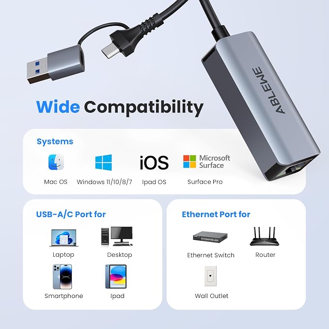 USB to Ethernet Adapter, ABLEWE USBC/USB 3.0 to RJ45 Gigabit LAN Network Adapter - Image 6