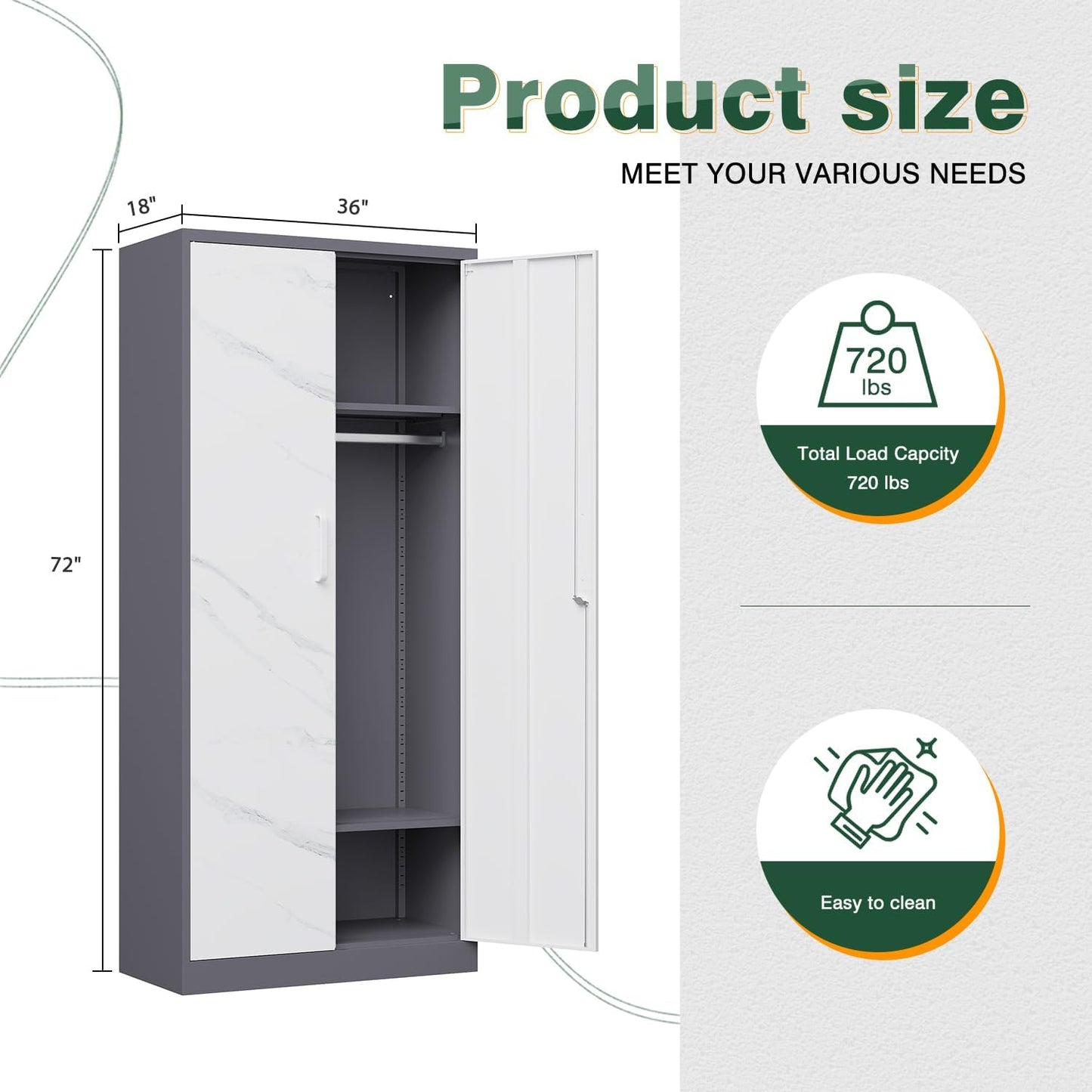Letaya Wardrobe Closet, 72" H Clothing Storage Cabinet with Adjustable Shelves and Hanging Rod, Bedroom Armoire Clothes Organizer (White Gray)