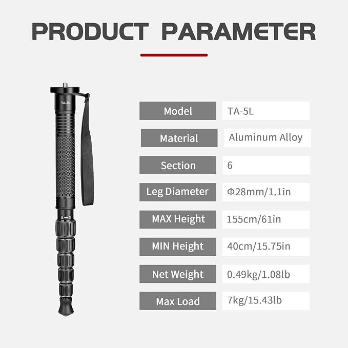 TONYBOO 61” Aluminum Camera Monopod, Lightweight & Portable, 5-Section Travel - Image 9