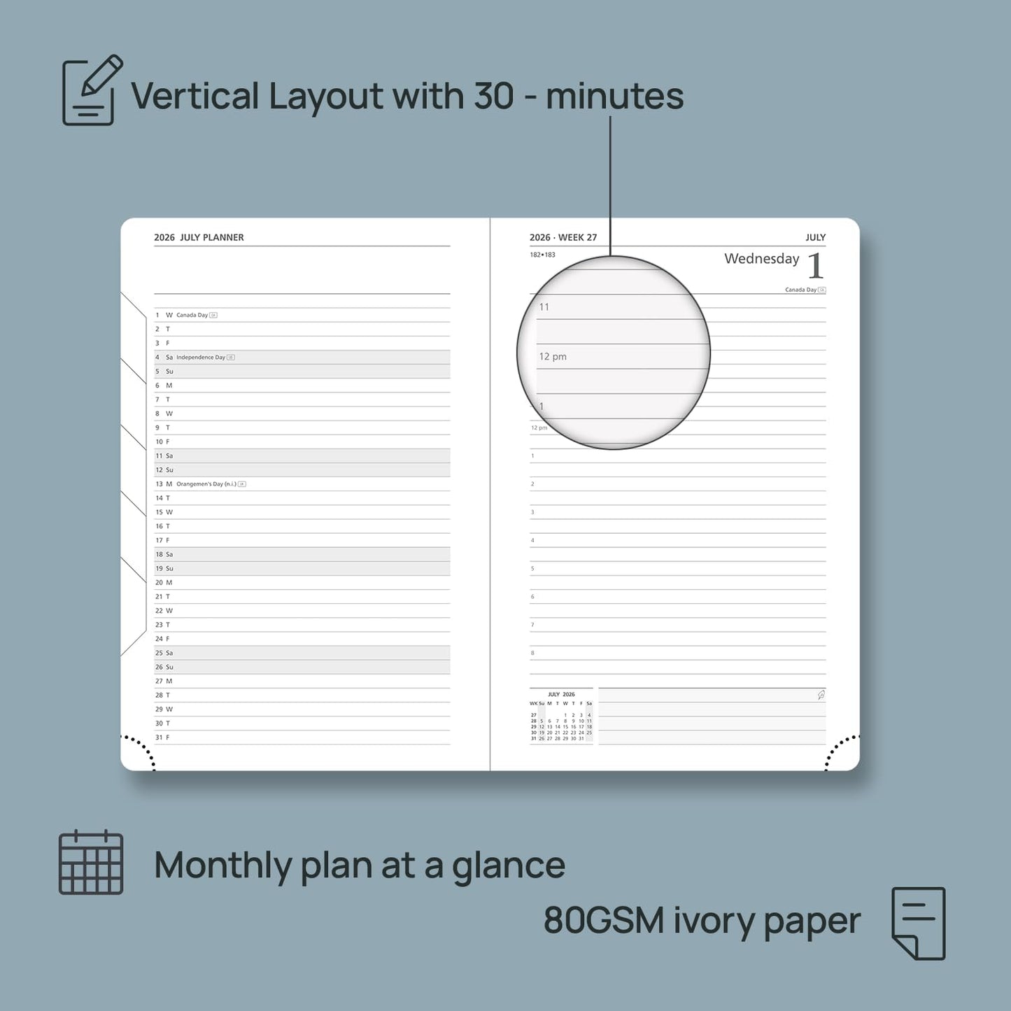 POPRUN 2026 Daily Planner One Page Per Day A5 Size Calendar (5.75" x 8.5") - 12 Months Hourly Appointment Book with Hardcover, Pocket, Pen Holder - Navy Blue