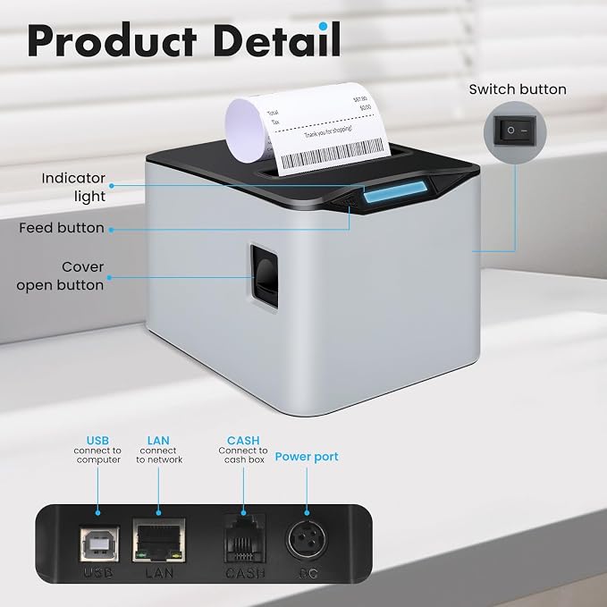 NUCOUN Thermal Receipt Printer, 80mm USB POS Printer, Auto Cutter, Support Cash - Image 5