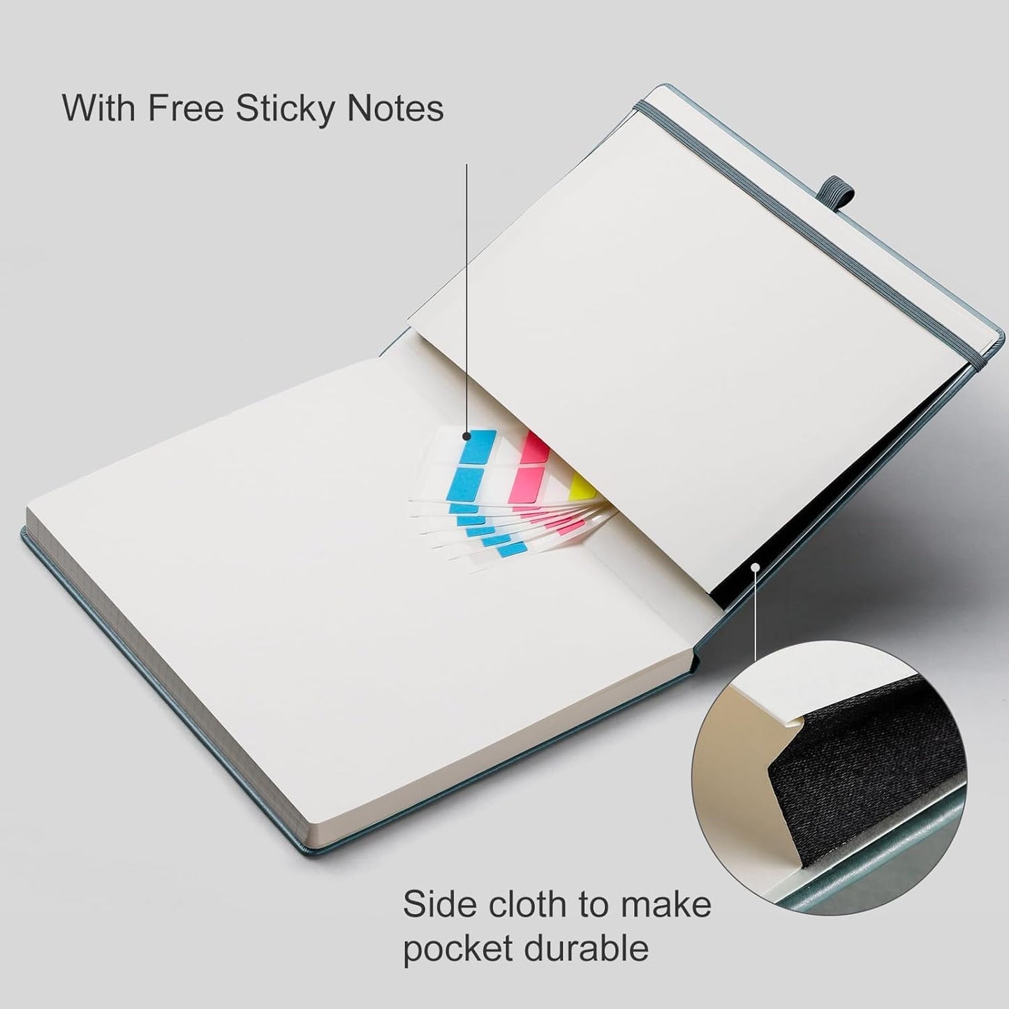 EMSHOI Hardcover Leather Lined Journal, 8.5" x 11" A4 College Ruled Notebook for Women & Men – 192 Pages, 100 GSM Thick Paper, Professional Work Journal with Sticky Notes, Gray-Blue