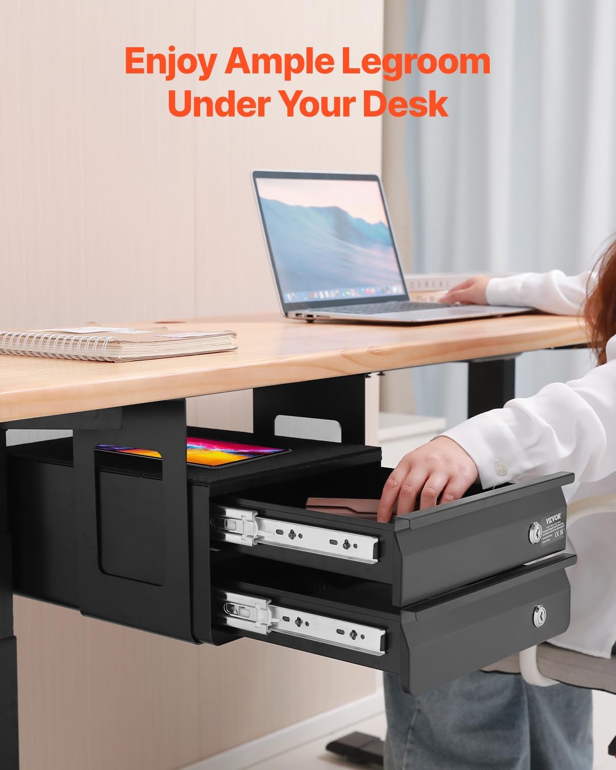 VEVOR Under Desk Double Stacked Lockable Slide Out Drawer, 13 inch Lockable Under Table Pull-out Drawer Attachment for Sit Stand Workstation, Secure Under Desk Storage Organizer, Black