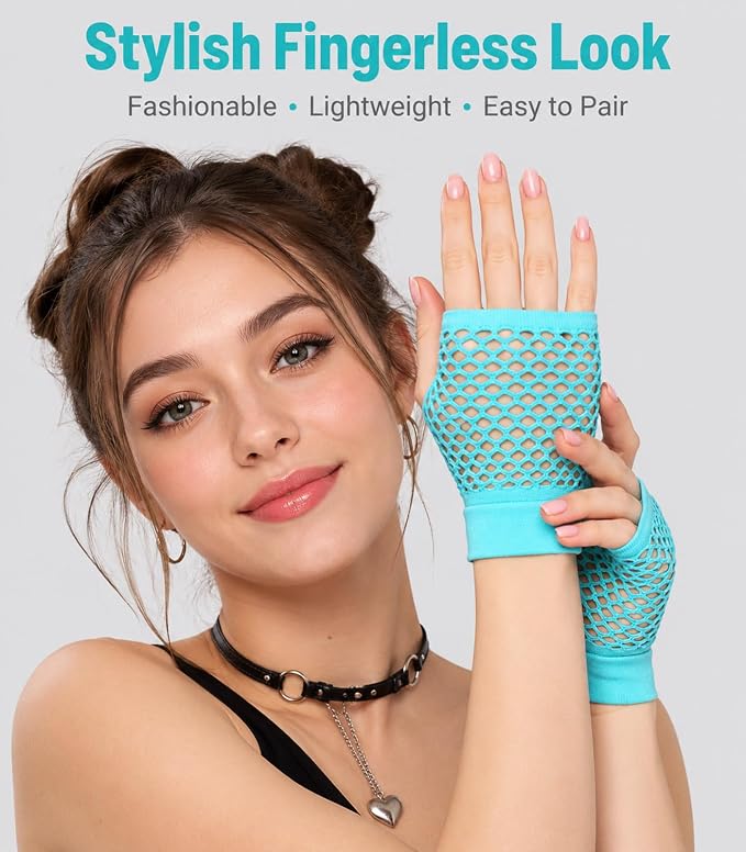 Seeksmile Women's Girls 80's Theme Party Emo Fingerless Arm Fishnet Gloves - Image 3