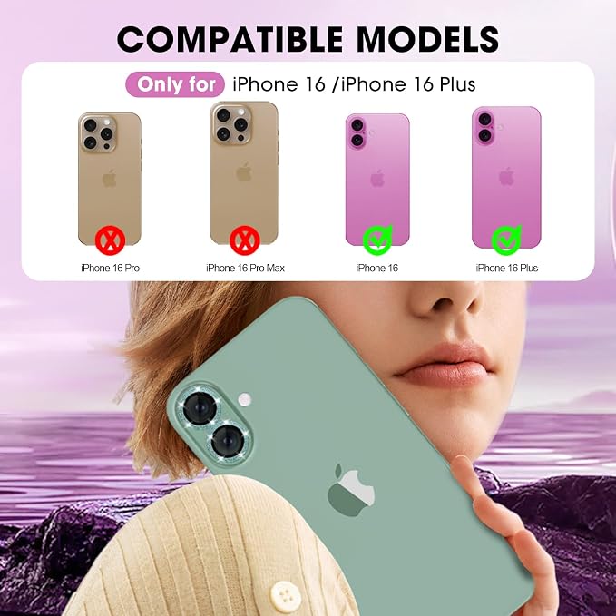for iPhone 16/16 Plus Camera Lens Protector Bling Individual Metal Glitter Ring - Image 2