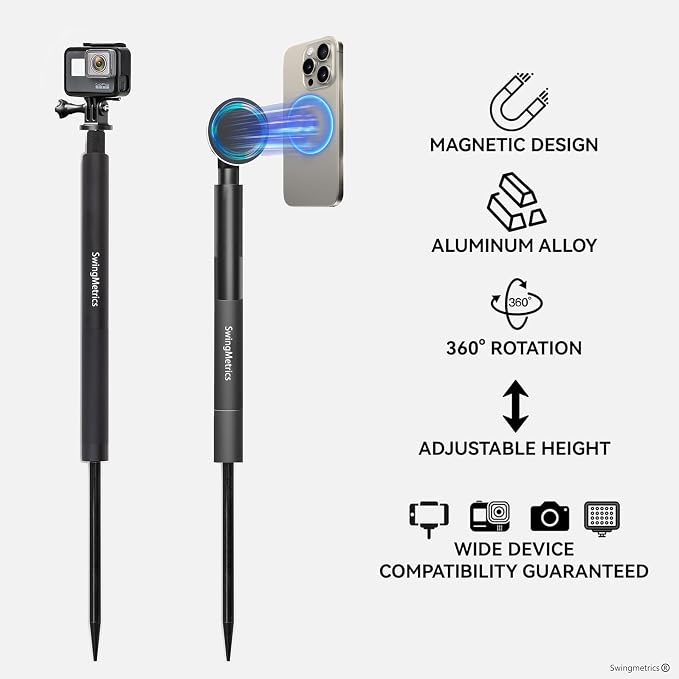 Golf Monopod Selfie Stick with Metal Ground Spike, Magnetic Phone Holder 52" - Image 2