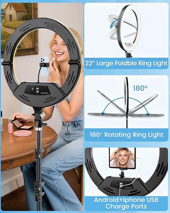 22" Large Ring Light with Stand, Foldable LED Big Ring Light Tripod - Image 3