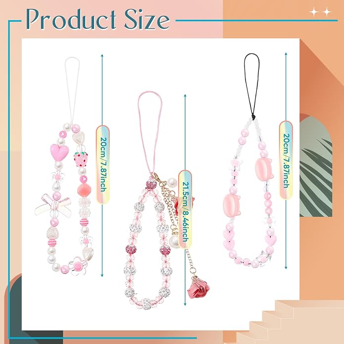 Ecally 3 Pcs Phone Charms Strap Camera Charm Strap Pearl Beaded Butterfly Bow - Image 2