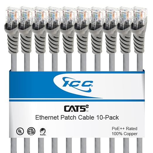 ICC CAT5e Ethernet Patch Cord 1 FT 10-Pack, UTP 24 AWG UL Listed, 100% Stranded by ICC