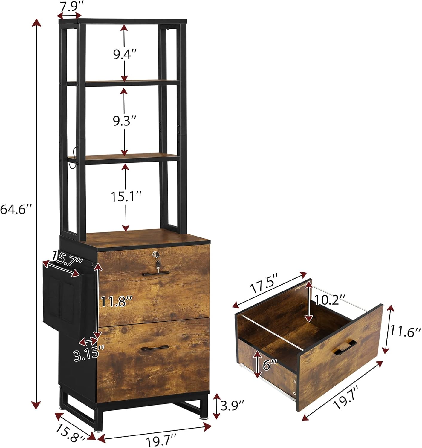 Itaar 2 Drawer File Cabinet with Lock, Fits Letter, Legal, A4 Size, Hanging File Folders, Adjustable Storage Shelf and Hook, Rustic Brown