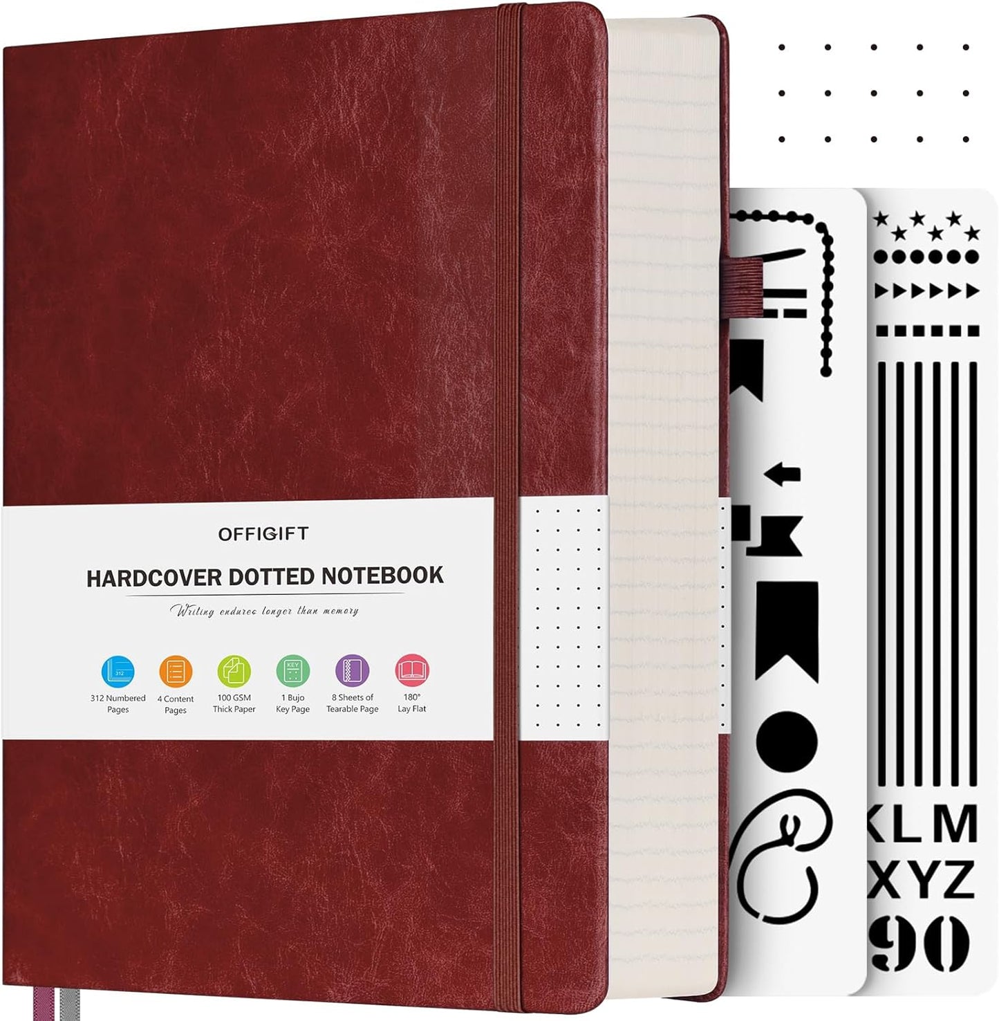 Bullet Dotted Journal Notebook, 312 Numbered Pages A5 Hardcover Leather Journal, 100gsm No Bleed Paper Dot Grid Notebook with Index Pages, Dot Journal for Women Men, 5.75" x 8.38", Burgundy