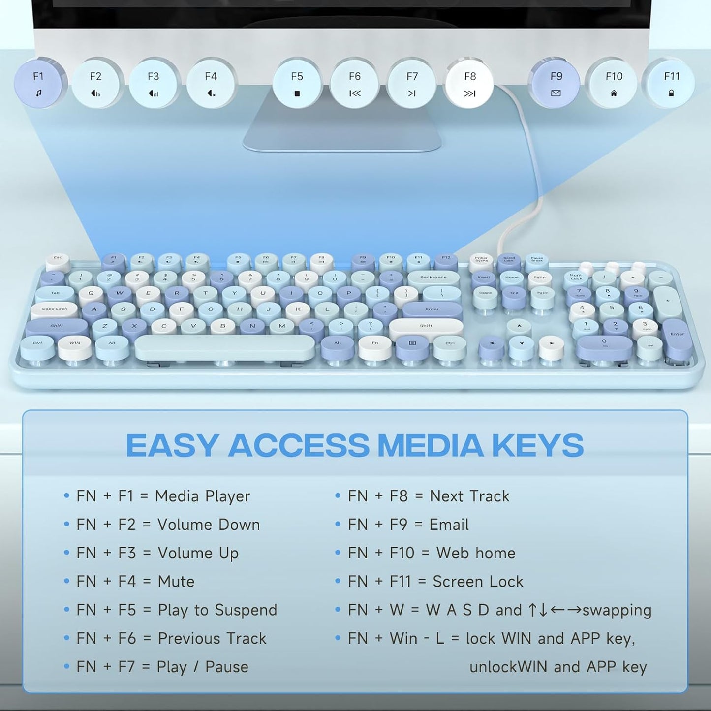 Wired Keyboard, Full-Sized Typewriter Keyboards, USB Plug and Play Office Keyboard with Number Pad, Caps Indicators, Foldable Stands for Windows, PC, Laptop, Desktop (Blue Colorful)