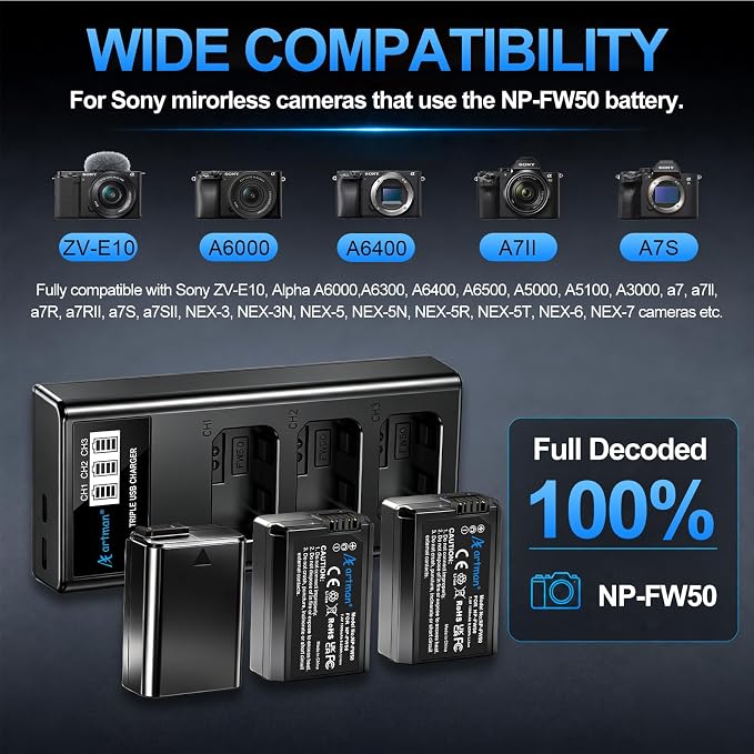 Artman NP-FW50 Battery 3-Pack and Upgraded 3-Slot ZV-E10 Battery LCD Charger - Image 3