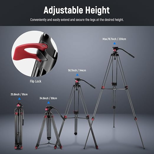 NEEWER 79"/200cm Video Tripod, Heavy Duty Aluminum Alloy Camera Tripod Stand - Image 2