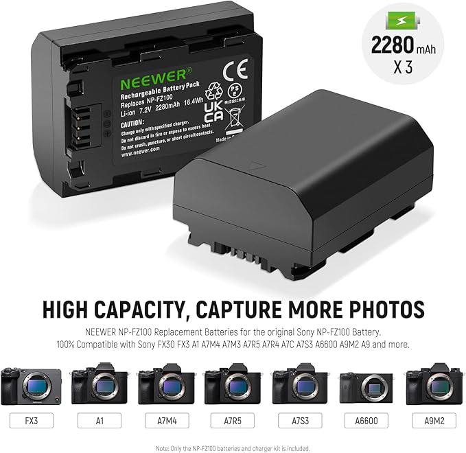 NEEWER NP-FZ100 Replacement Battery and Charger Set, 3 Pack 2280mAh NP-FZ100 - Image 5