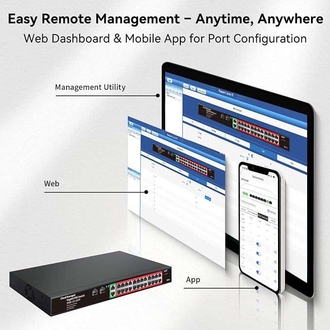 STEAMEMO 24-Port Managed Gigabit PoE+ Switch | 24×PoE+ Ports@360W, 2×Gigabit - Image 4
