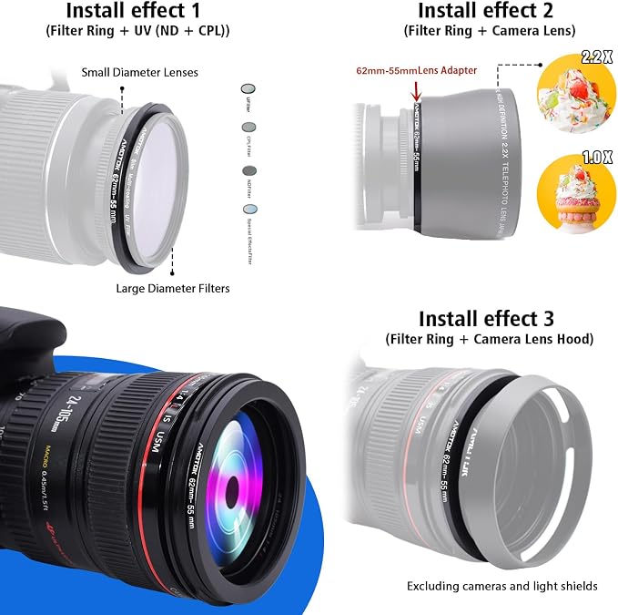 62mm Lens to 55mm Camera Lens Adapter, 62mm-55mm Filter Step-Down Ring - Image 5