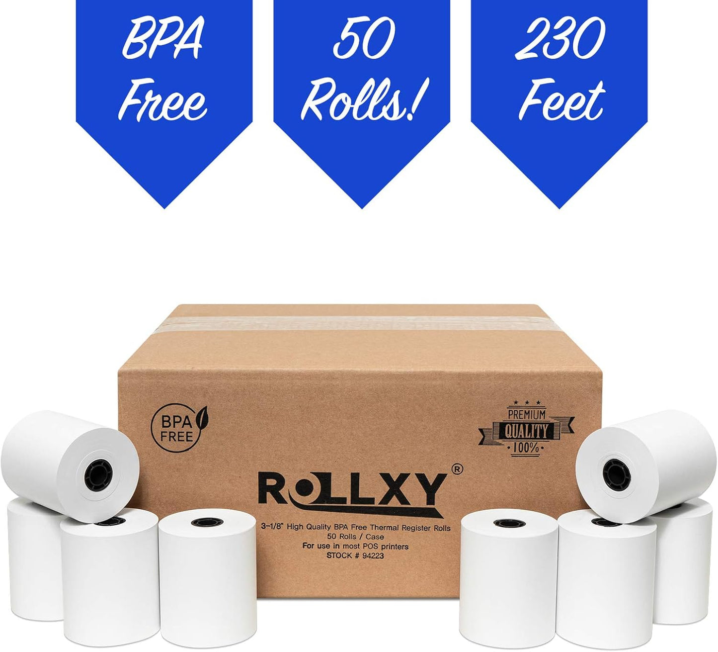 3 1/8 x 230 Thermal Paper Receipt Rolls (50 GSM - Solid Core) Fits All POS Cash Registers Printers, Clover Square Stations, Star Micronics SCP700, TSP100 BPA Free - Premium Grade (2700 Rolls)