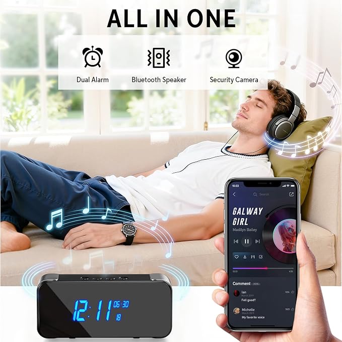 Hidden Camera with Alarm Clock & Bluetooth, Ultra 4K HD Wireless Indoor Camera - Image 2